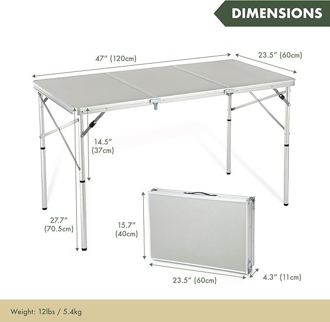 ARROWHEAD OUTDOOR 4’ ft Heavy-Duty Portable Aluminum Frame Folding Table w/Leveling Feet Solid Tabletop Surface 2 Adjustable Heights Carrying Case Included Lightweight USA-Based Support
