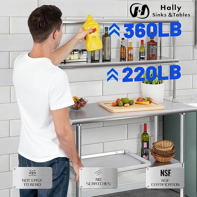 Hally Double Overshelf of Stainless Steel 12'' x 36'' Weight Capacity 360lb Commercial 2 Tier Shelf for Prep &amp Work Table in Restaurant Home and Kitchen