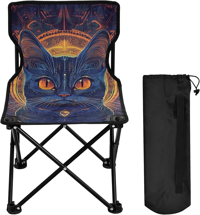 Cat with Yellow Eyes Boho Style Collapsible Foldable Chair Ultralight Portable Chairs for Adults Includes Carry Bag Hiking Chair for Fishing Fishing