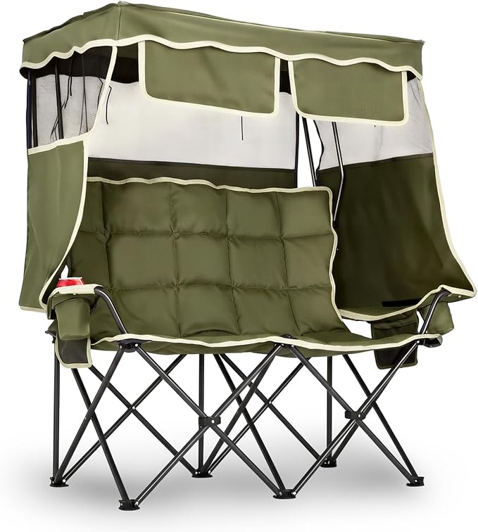 VINGLI Oversize Double Camping Chair with CanopyBeach Chair with Canopy Shade Portable Camping Loveseat with 2 Storage Bags for Outdoor Soccer Sport Events Beach or Camping