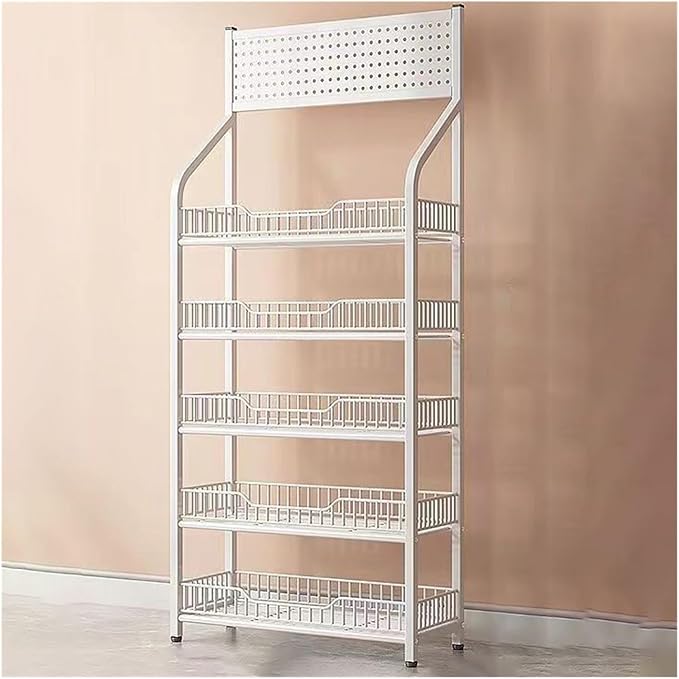 5-Tier Metal Snack Display Rack for Markets - Versatile Floor Stand Shelf for Chips Fruits &amp More -