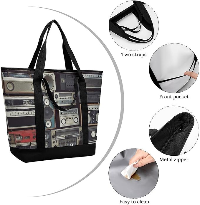 Insulated Shopping BagLarge Reusable Cooler Bags Vintage Wall of Radio Boombox Printed Foldable Shopping BagTravel Waterproof Shoulder Bag