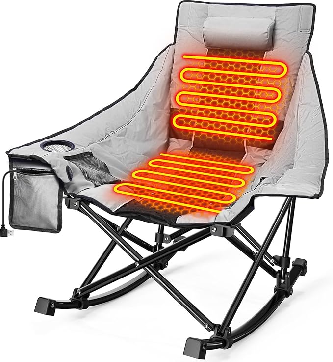 Slendor Heated Camping Chair Oversized Heated Rocking Chair with Padded Pillow 3 Adjustable Heat Settings Portable Folding Chair for Outdoor &amp Indoor Use Gray NO Power Bank