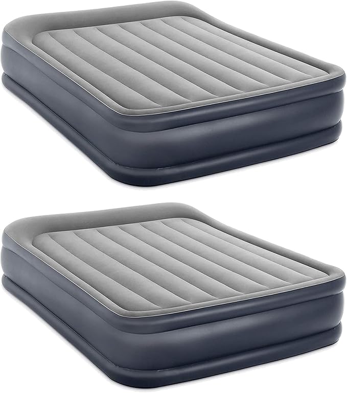 Intex Dura Beam Deluxe Fiber-Tech Pillow Rest Raised Velvet Blow Up Air Mattress Bed with Built in Electronic Pump and Carrying Bag Queen (2 Pack)