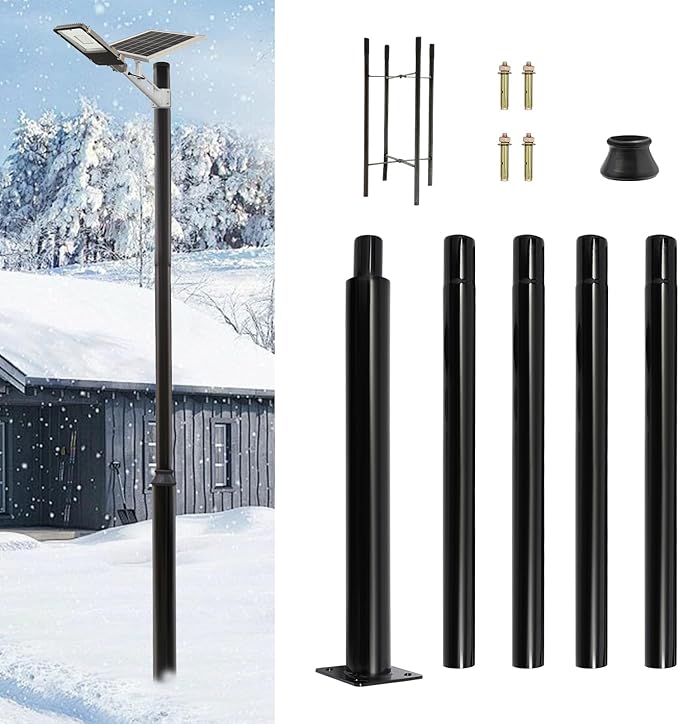 Street Light Pole Black Outdoor Galvanized Solar Street Lamp Post Split Street Lamp Post Outdoor Street Courtyard Parking Lot Lighting Post w/Mounting Rebar Cage for Street (16.4ft 114+76mm)