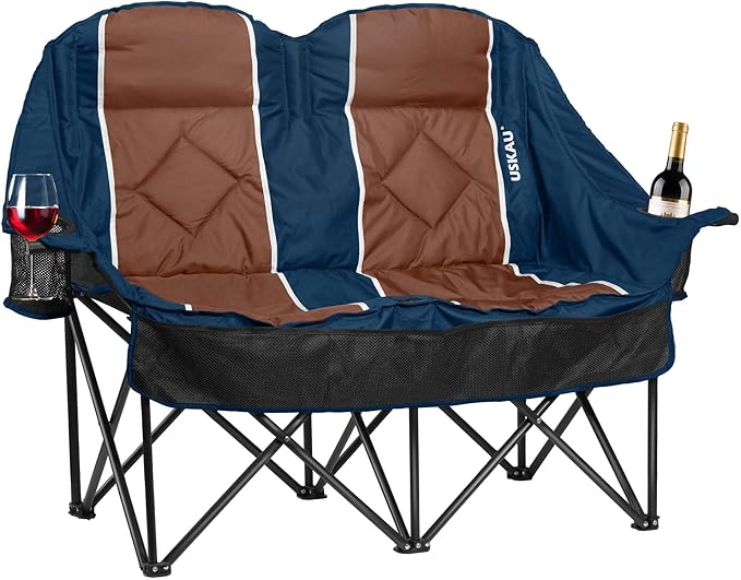 Oversized USLCamping Chair - 2 Person Portable Folding Outdoor Loveseat Heavy Duty Lawn Chairs for Adults with Padded Cushion &amp Dual Cup Holders Supports 660LBS for CampingSportsPicnic