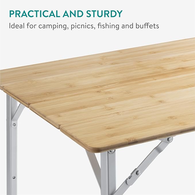 Navaris Bamboo Camping Table - Portable Folding Campervan Table - Picnic Tables That Fold Up - Foldable Fishing Table with Aluminium Telescopic Legs - Outdoor