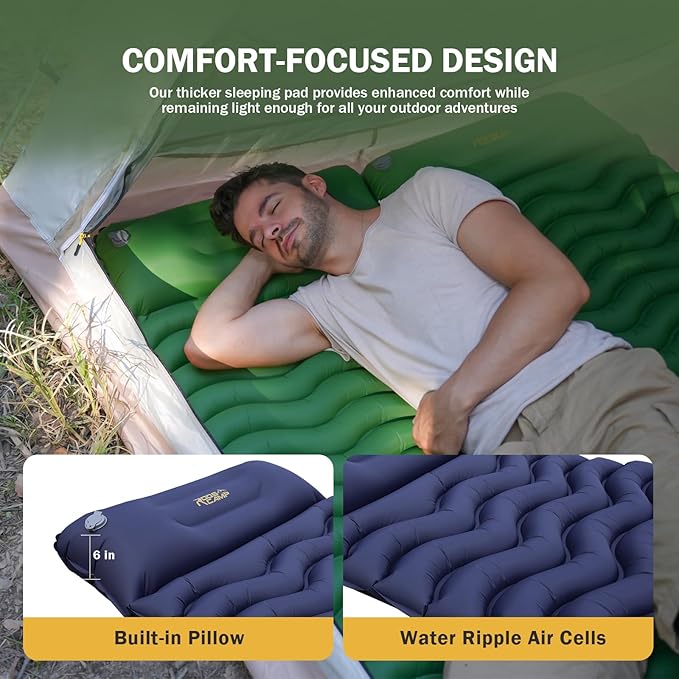 Ultralight Sleeping Pad with Pillow– Inflatable Camping Mat for Backpacking Traveling and Hiking Compact and Portable (Green)