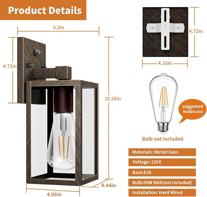 2 Pack Black Brush Gold Dusk to Dawn Exterior Lighting Fixtures Wall Mount Sensor Outside Front Porch Lights for House Outdoor Lantern Lamp Wall Sconce Lights Coach Light for Garage Entryway