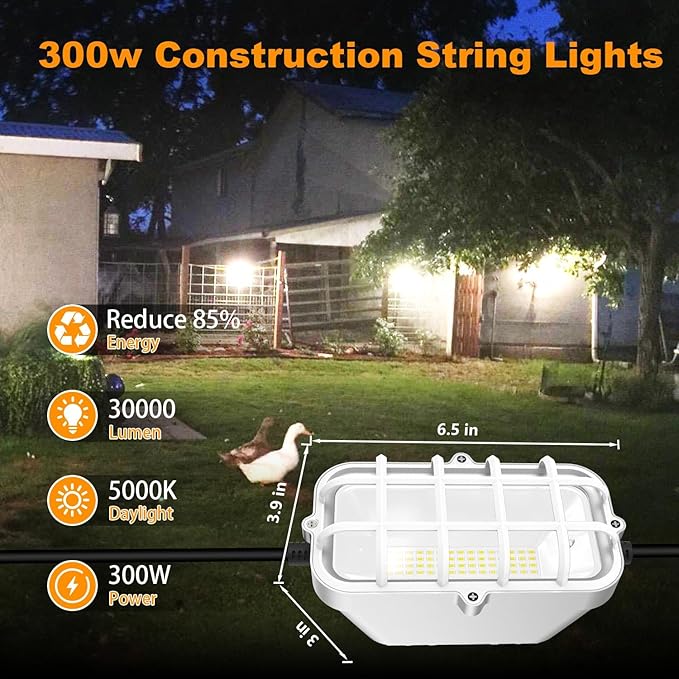 100ft LED Construction String LightsSuper Bright 300W 30000LM Waterproof IP67 Led String Work Lights Construction Temporary Lights (Upgrad 100ft-10lights)