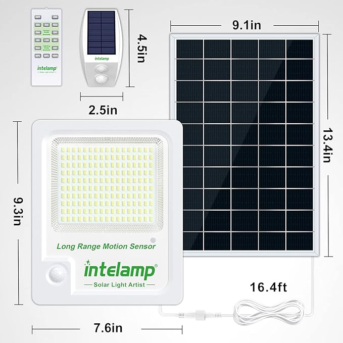 intelamp Solar Flood Lights Outdoor Waterproof Linkable 12000mAh 3000LM Motion Sensor Floodlight with Remote Control Sensor Case 16.4Ft Cable Dusk to Dawn Lighting Lamp for Street Outside House