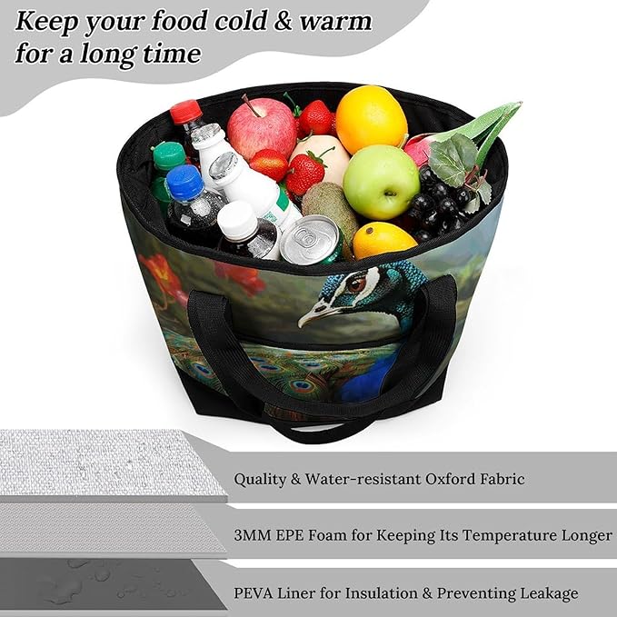 Insulated Shopping BagLarge Reusable Cooler Bags Colorful Peacock Printed Foldable Shopping BagTravel Waterproof Shoulder Bag