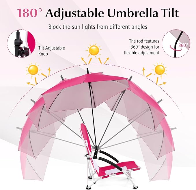 Goplus Beach Chair with Umbrella 2 Pack 330lbs Folding Backpack Chairs for Adults with Adjustable Parasol Comfy Armrest Breathable Seat Lightweight Portable Low Sand Chair for Lawn Camping