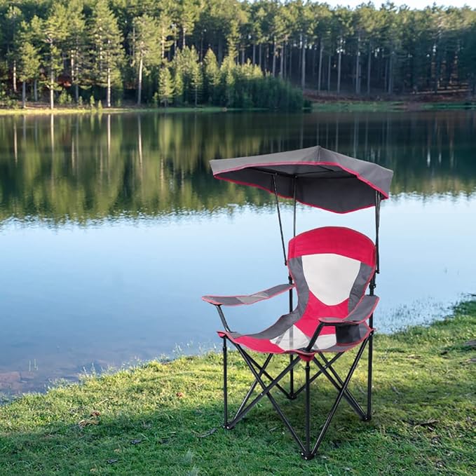 HIGH POINT SPORTS Camping Chairs with Shade Heavy Duty Canopy Lounge Chair Sunshade Hiking Travel Chair with Cup Holder for Outdoor Camping Beach and Patio Red