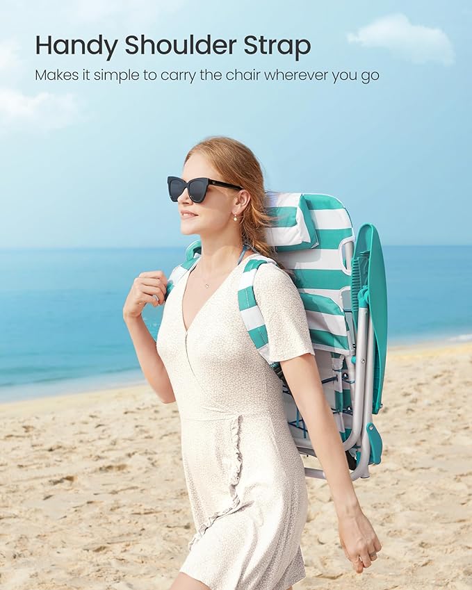 SONGMICS Portable Backpack Beach Chair 331 lb Capacity 4 Angles Adjustable Backrest 2 Side Pockets Towel Bar Green and White UGCB62JW