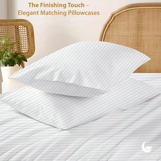 SlumberWell RV Short King Sheet Set 4 Piece Luxury Soft Microfiber Camper Bedding 8–12 Inch Deep Pocket Fits 72x75 Mattress White Stripe