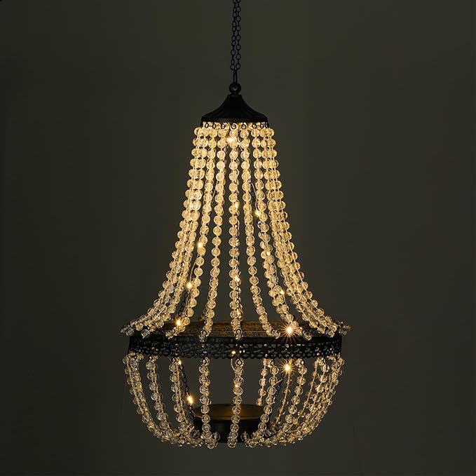 Hanging Solar Lantern Outdoor 28” Modern Clear Crystal Acrylic Chandelier with 30 Warm White Lights S Hook for Garden Yard Patio Gazebo Decorations
