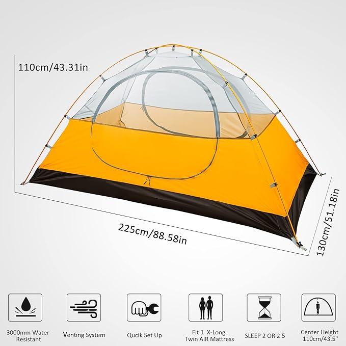 Bessport Camping Tent 1/2 Person Tent Waterproof Two Doors Backpacking Tent Easy Setup Lightweight for Outdoor Hiking Mountaineering Travel