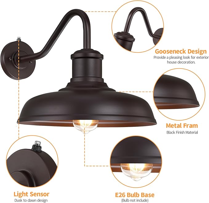 13.8'' Large Dusk to Dawn Outdoor Gooseneck Barn Light 2-Pack Outdoor Wall Sconce Farmhouse Exterior Light Wall Lighting Fixture Industrial Lantern for Porch Entryway Garage Brown