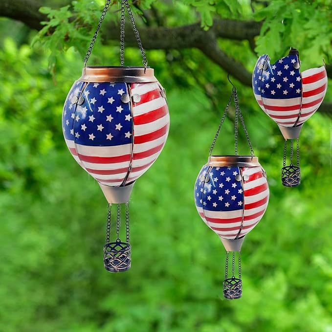 Glass Solar Hot Air Balloon Lantern with Flame Hanging Garden Flickering Light Outdoor Waterproof for Yard Patio Tree 4th of July Decorations Flag