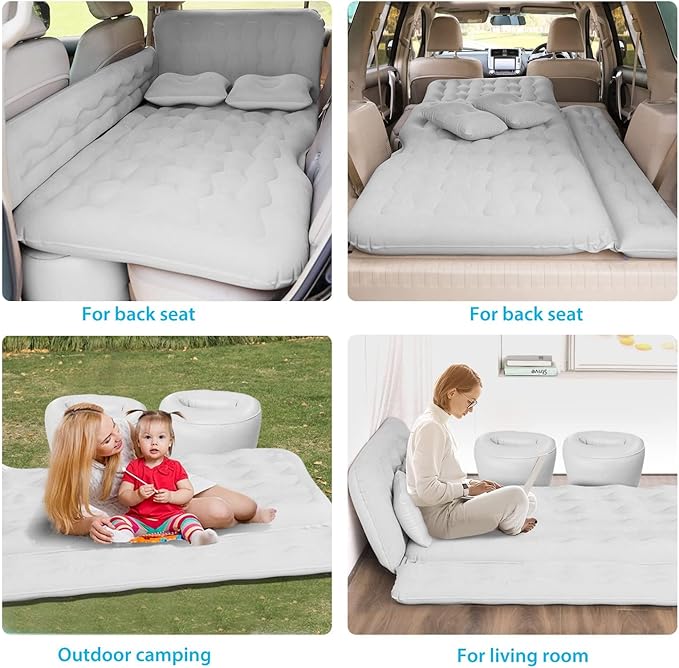ISWEES Car Bed SUV Air Mattress Car Air Mattress with Electric Pump 2 Inflatable Pillows and 2 Footrests for Back Seat Side SeatTrunk Sleeping Thickened Camping Bed - Grey