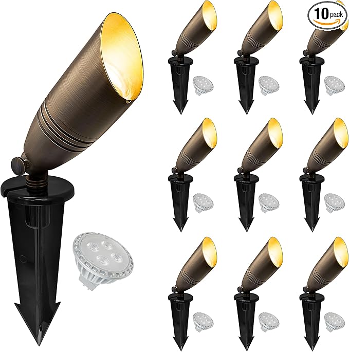 GKOLED UL Listed Solid Brass Landscape Spotlight Low Voltage Outdoor Directional Uplight with 5W MR16 LED Bulb &amp Large Rugged Slot Spike 12V AC/DC Garden Patio Spot Up Light (10 Pack)