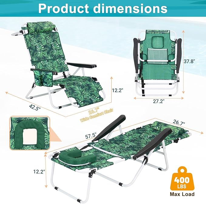 ABORON 3 in 1 Beach Chair w/Face Cushion &amp Arm Holes Cup Holder Headrest &amp Pouch 350 lbs Capacity Portable Folding Beach Lounge for Sunbathing Reclining