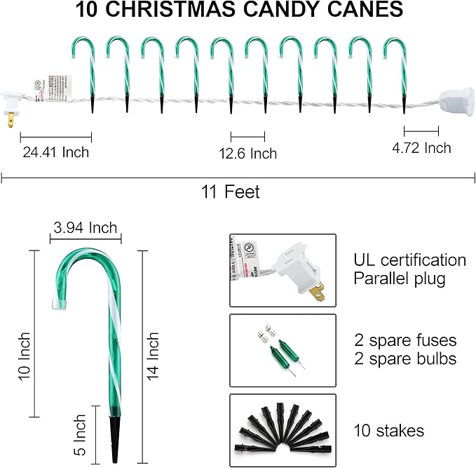 GAGALIFE Candy Cane Lights - 10 Pack Candy Cane Pathway Lights 10 Christmas Candy Cane Lights Green Outdoor Candy Cane Christmas Decor for Walkway Driveway Sidewalk Stake Lights Markers