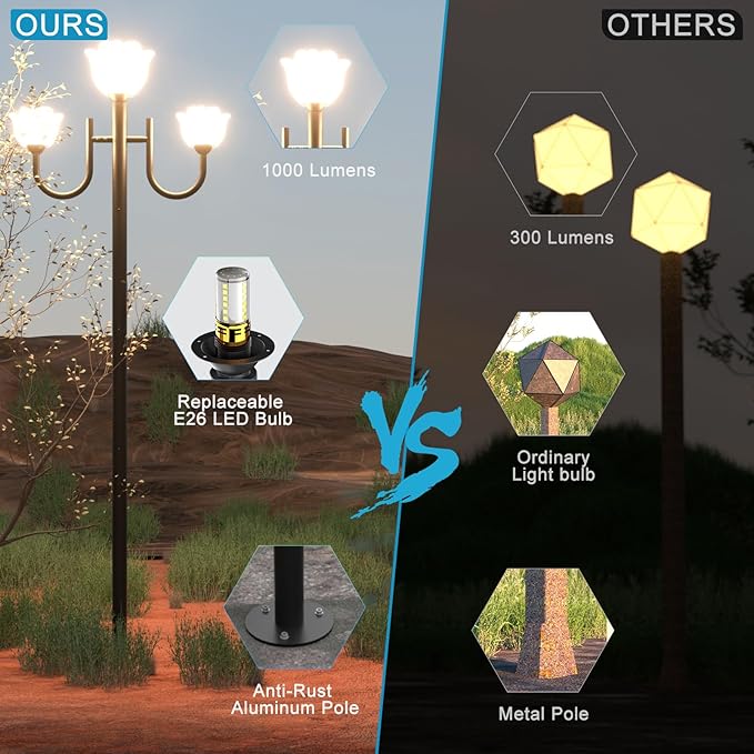 Lightdot 3-Lights Outdoor Lamp Post Light IP65 Waterproof Street Light Pole Lights Fixture with Flower Shade Outside Post Lights for Yard/Garden/Driveway (3000K LED Bulbs Included)