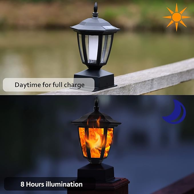 Dynaming Solar Flame Post Lights Outdoor Solar Powered Lamps Fence Post Cap Lights Flickering Flame LED Lantern Decorative Waterproof for Garden Deck Patio Fit 4x4 5x5 or 6x6 Wooden Posts 6 Pack