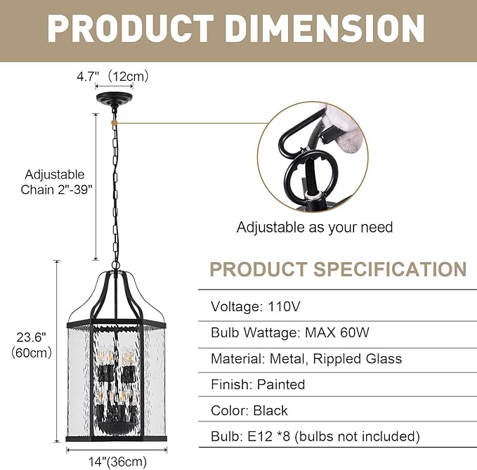 14 Modern 8-Light Exterior Black Lantern Pendant Light Fixture with Clear Rippled Glass Mini Industrial Hanging Cage Chandelier for Outdoor Kitchen Dining Room Hallway Entryway Foyer Porch