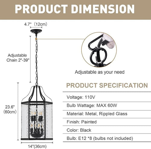 14 Modern 8-Light Exterior Black Lantern Pendant Light Fixture with Clear Rippled Glass Mini Industrial Hanging Cage Chandelier for Outdoor Kitchen Dining Room Hallway Entryway Foyer Porch
