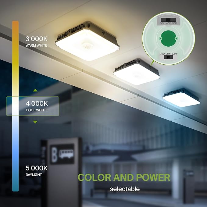 ASD LED Canopy Light 100/70/60W with Q-Base – 3000/4000/5000K 14448Lm 10x10 120-277V IP65 Dimmable 0-10V UL &amp DLC Listed (Optional Motion Sensor-Extra Purchase)