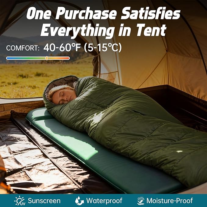 3-Piece Camping Sleep System with Self Inflating Sleeping Pad Waterproof Tarp &amp Sleeping Bag Built-in Pump 3.2 Thick Tent Mattress R-Value 9.5 All-Season Gear for Backpacking