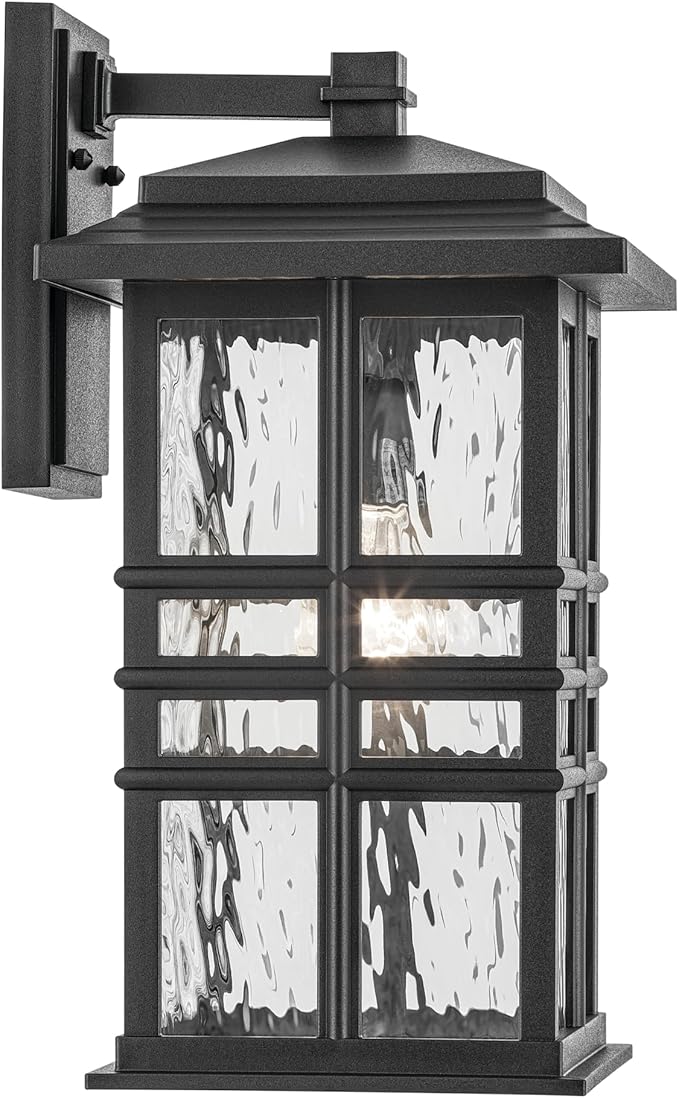 Kichler Beacon Square 17.25 1-Light Outdoor Wall Light with Clear Hammered Glass in Textured Black for Exterior Doors Garage Porch or Patio (17.25 x 9.5) 49831BKT