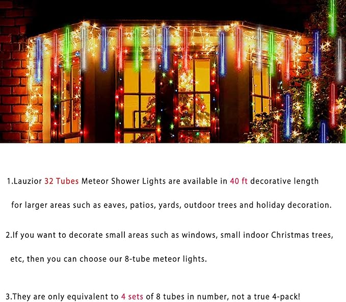 Christmas Outdoors Decoration 32 Tubes Meteor Shower Lights Outdoor Indoor Lauzior Snow Falling Icicle Cascading Lights for Christmas Halloween Decor Xmas Tree Holiday Yard Wedding Party Multicolor