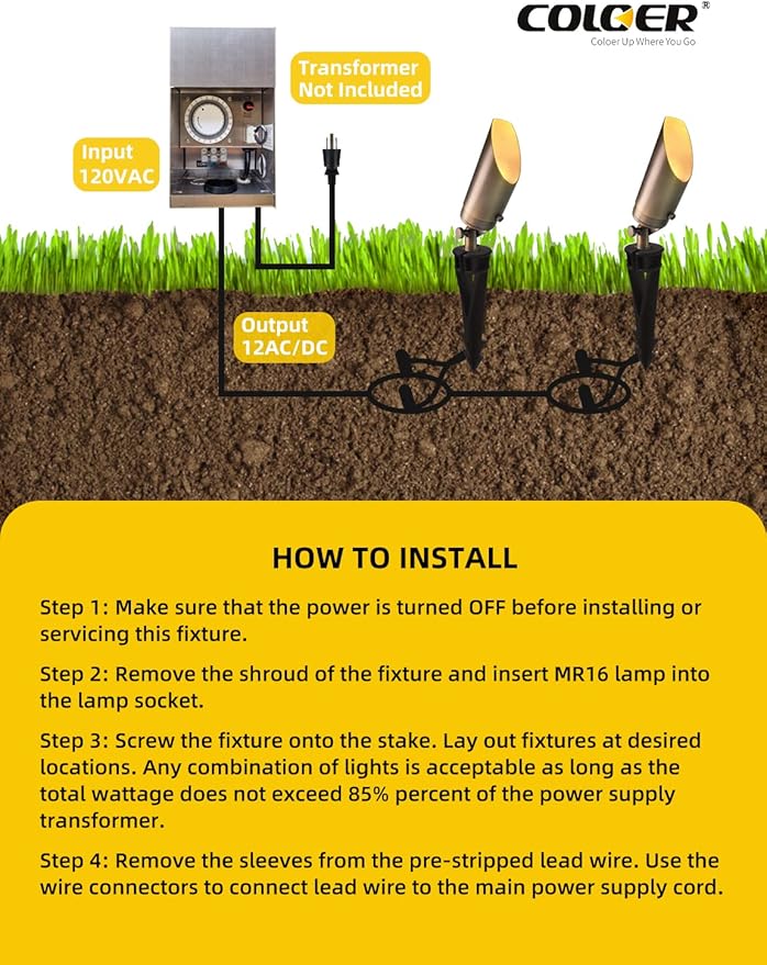 COLOER Die-cast Brass Landscape Spot Lights Outdoor with 5W Aluminum Housing LED MR16 Bulb 2700K 450LM 12V AC/DC Low Voltage LED Landscape Lighting Outdoor Directional Up Light(103B 1-Pack)