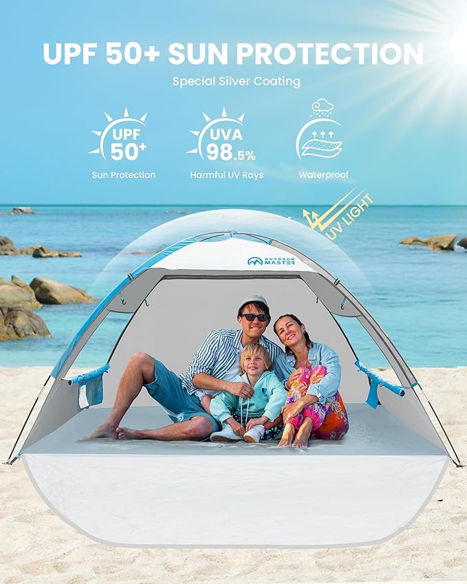 OutdoorMaster Beach Tent Sun Shelter with 2 Ventilated Doors UPF50+ Easy Setup Beach Tent Canopy for 3 Person Lightweight &amp Portable Family Beach Umbrellas for Sand with Carrying Bag -Ocracoke C
