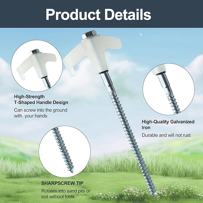 20-Pack Heavy-Duty Tent Stakes 8 Inch Yard Stakes Non-Rust Metal Tent Pegs Ground Stakes Tent Spikes for Camping Patio Garden Canopies with Hex Head Driver and Sturdy Storage Bag (White)