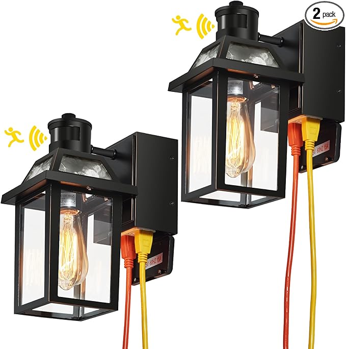 Yisuro Porch Lights with GFCI Outlet Dusk to Dawn Motion Sensor Outdoor Light 3 Lighting Modes Exterior Fixture Outside for House Front Door Patio Garage(2 Pack Black)