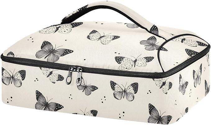 Casserole Carrier Cartoon Black and White ButterflyInsulated Casserole Carrier for Hot or Cold Food Thermal Lunch Tote for Potluck Parties Picnic Beach Fits 9 x 13 Inches Baking Dish