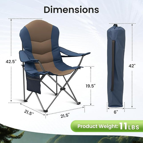 2 Pack Folding Camping Chairs for Adults - High Back Padded Outdoor Lawn Chairs with Lumbar Support &amp Cup Holder 400lbs Heavy Duty Portable Camping Chairs Set (Light Blue &amp Brown 2 PCS)