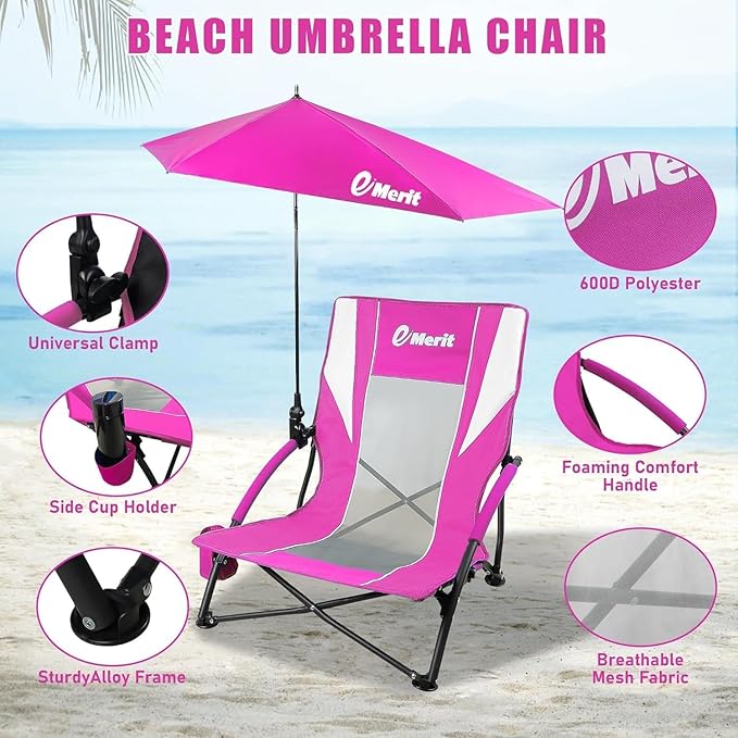 EMERIT Low Beach Chairs for Adults Sling Beach Chair with Umberalla Folding Backpack Camping Chair with Cup Holder