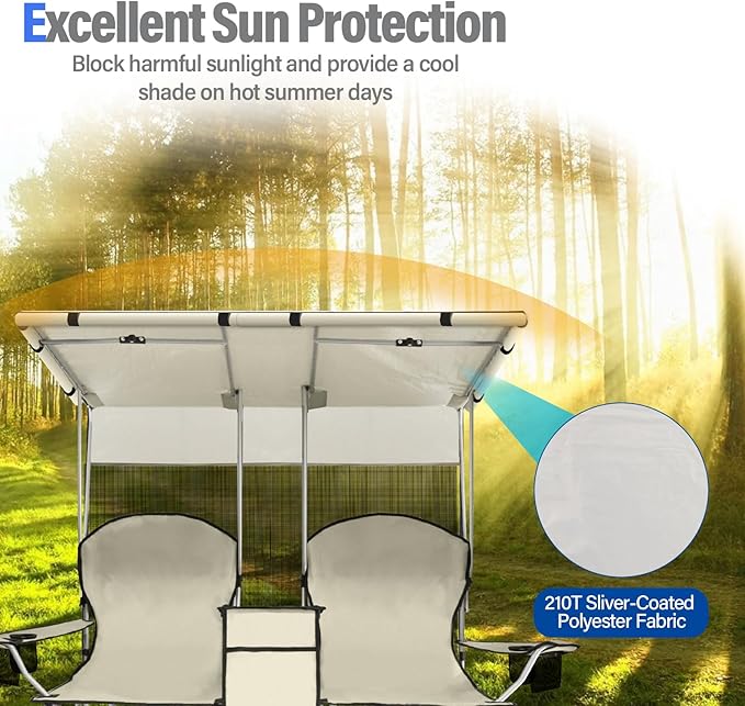 PLKO Portable Double Camping Chair with Canopy ShadeHeavy Duty Beach Chairs for AdultsFolding Beach Chair with Cooler Bag for Sports Backyard Fishing Outside（White）