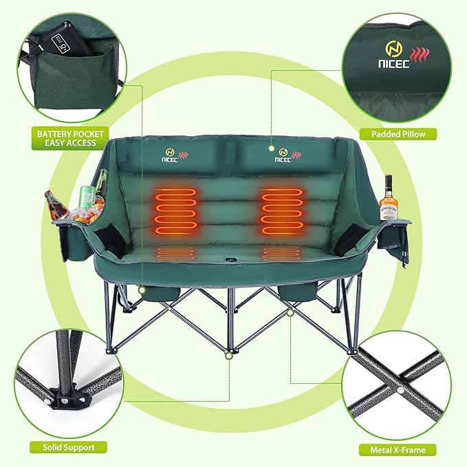 Nice C Heated Camping Chair with Battery Heated Double Camping Couch Oversized Thick Padded Loveseat Heated Camping Chair for Adults with Cooler Bag Bottle Opener Power Bank (Green)