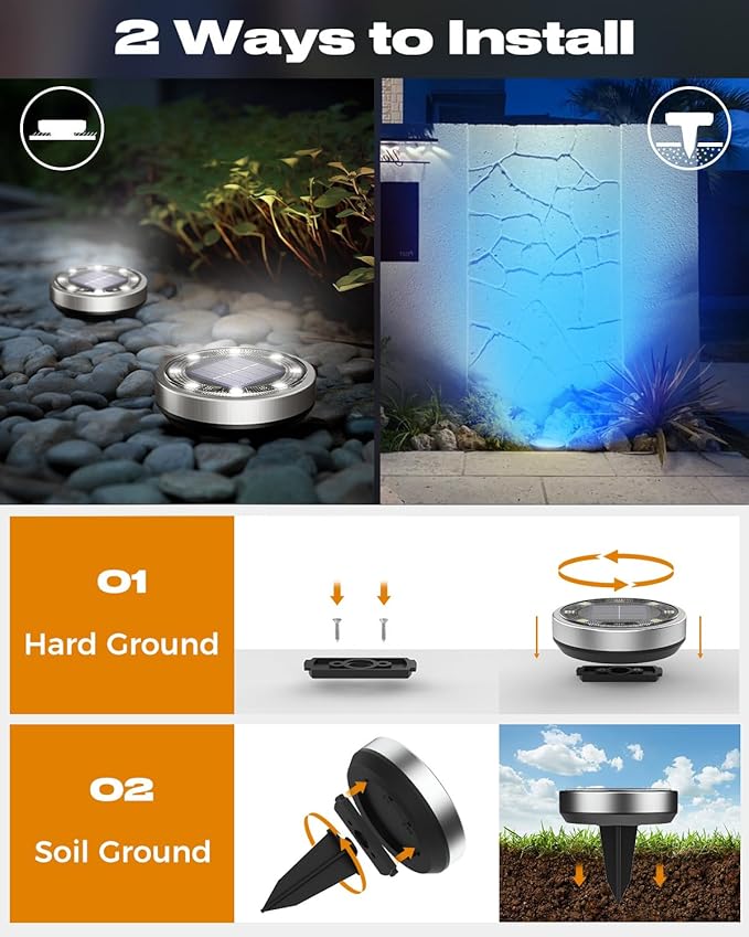btfarm 24 Pack Solar Lights Outdoor 8 LED Solar Ground Lights IP65 Waterproof Flat Solar Disc Light Pathway Lights for Garden Lawn Yard Christmas Decorations Red+Blue+Cool White
