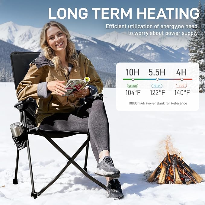 EVER ADVANCED Heated Reclining Camping Chairs for Adult Lightweight Portable Compact Folding Chair with Adjustable Back Portable Lawn Chair for Patio Balcony Supports 350lbs Black
