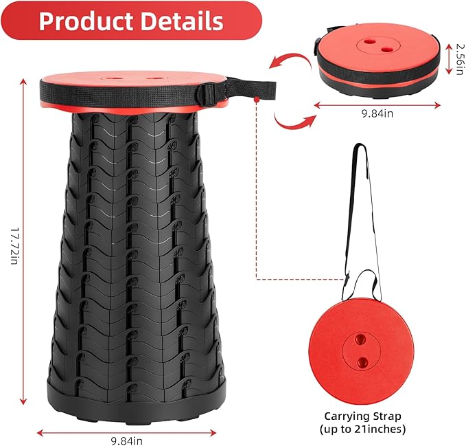 Collapsible Folding Chair - Upgraded Portable Chair with 400lbs Load Capacity Perfect for Camping Fishing Hiking - Folding Stool with Carrying Straps Gift for Fisherman (Red)