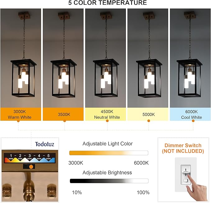 TODOLUZ 3-Light Large Outdoor Pendant Light with Frosted Coloum 5CCT Dimmable Exterior Chandelier Hanging Porch Lighting (3000K/3500K/4500K/5000K/6000K)