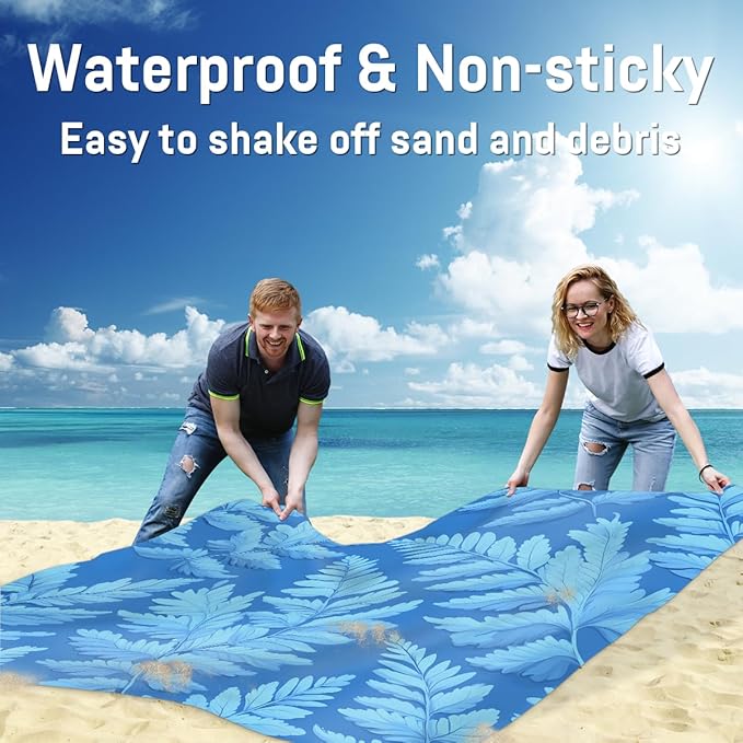 Waterproof Sandproof Beach Blanket 59''×68'' Ferns Leaves Polyester Outdoor Picnic Blanket with 4 Stakes &amp Storage Bag for BeachCampingVacation Blue